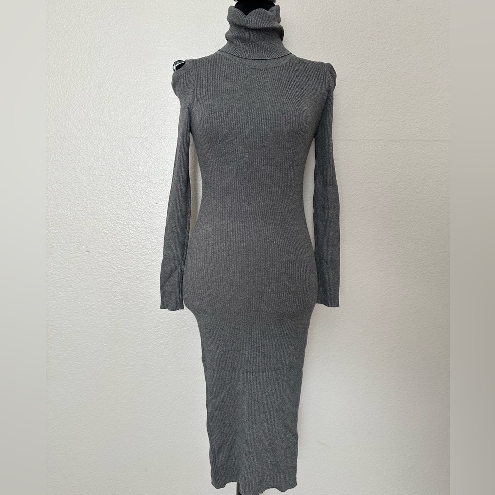 QED London Grey Bodycon Knit Dress XS Open Shoulders